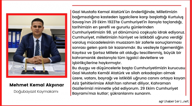 KAYMAKAM AKPINAR'IN "CUMHURİYET BAYRAMI" MESAJI