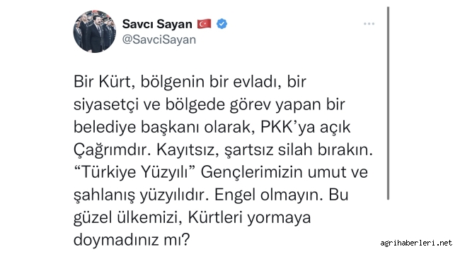  Ağrı Belediye Başkanı Savcı Sayan'dan PKK'ya açık çağrı! "Silahlarınızı bırakın"